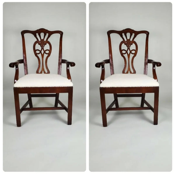 Pair Vintage Henredon Mahogany Chippendale Style Accent Arm Chairs