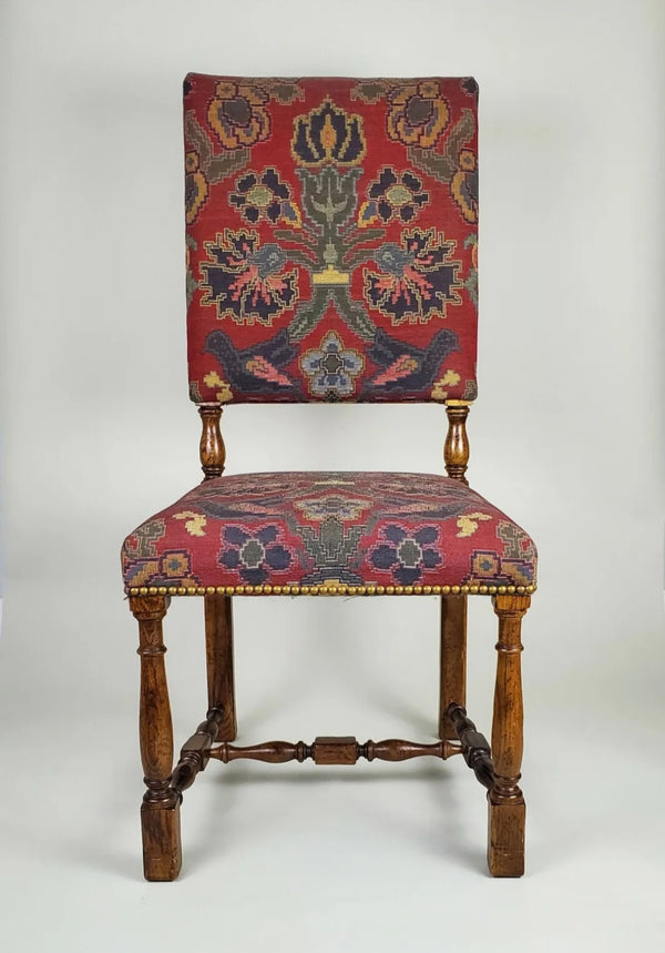 Pair Baker Walnut Louis XIII High Back Flemish Tapestry Upholstery Chairs